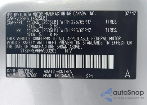 2017 Toyota Rav4 Le z USA, uszkodzony, nr VIN 2T3ZFREV6HW393203